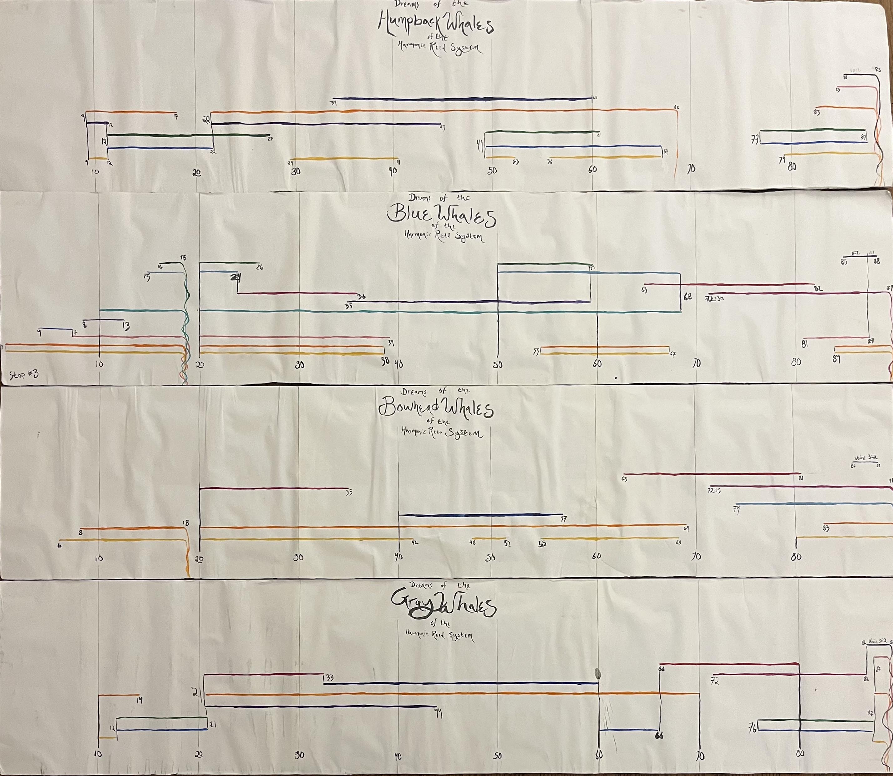 Handmade graphic scores with colored horizontal lines and time markings