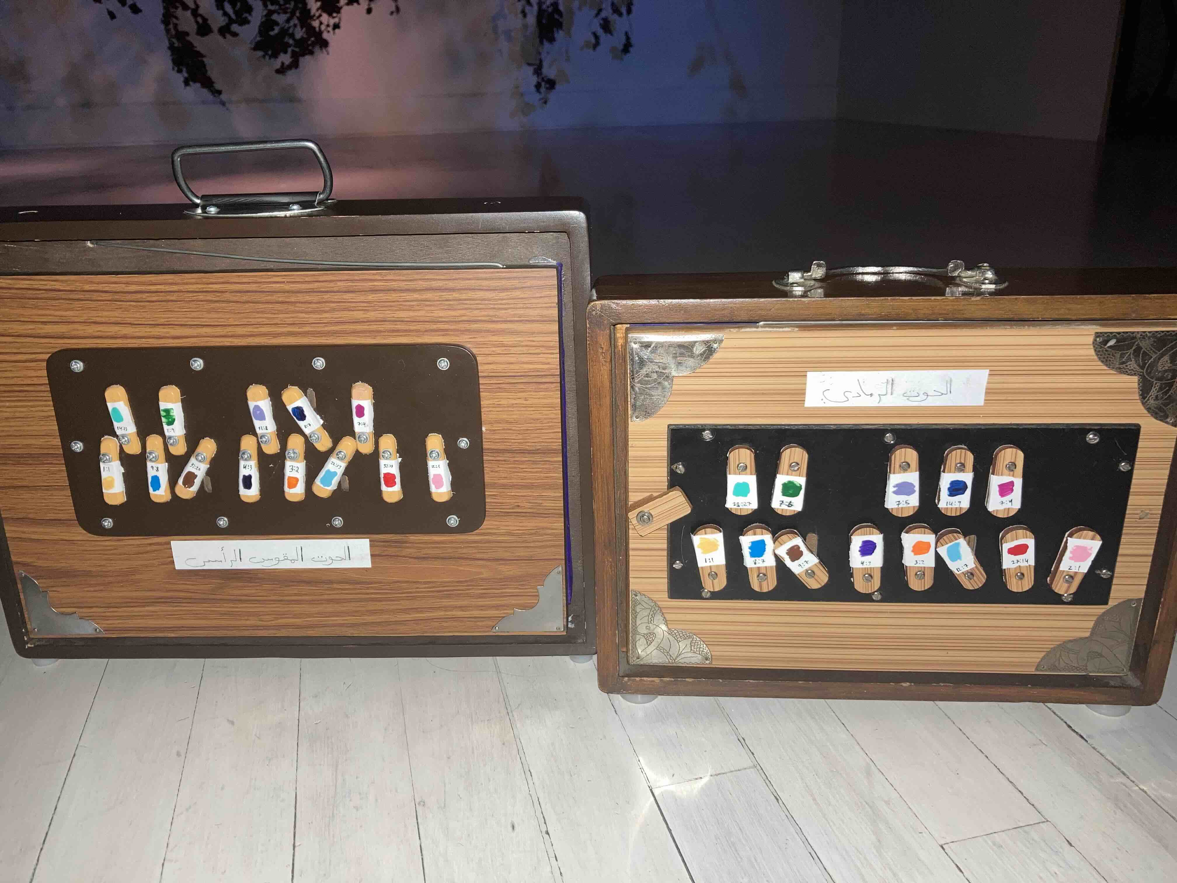 Close view of two shruti boxes with color-coded valves labeled in just intonation ratios