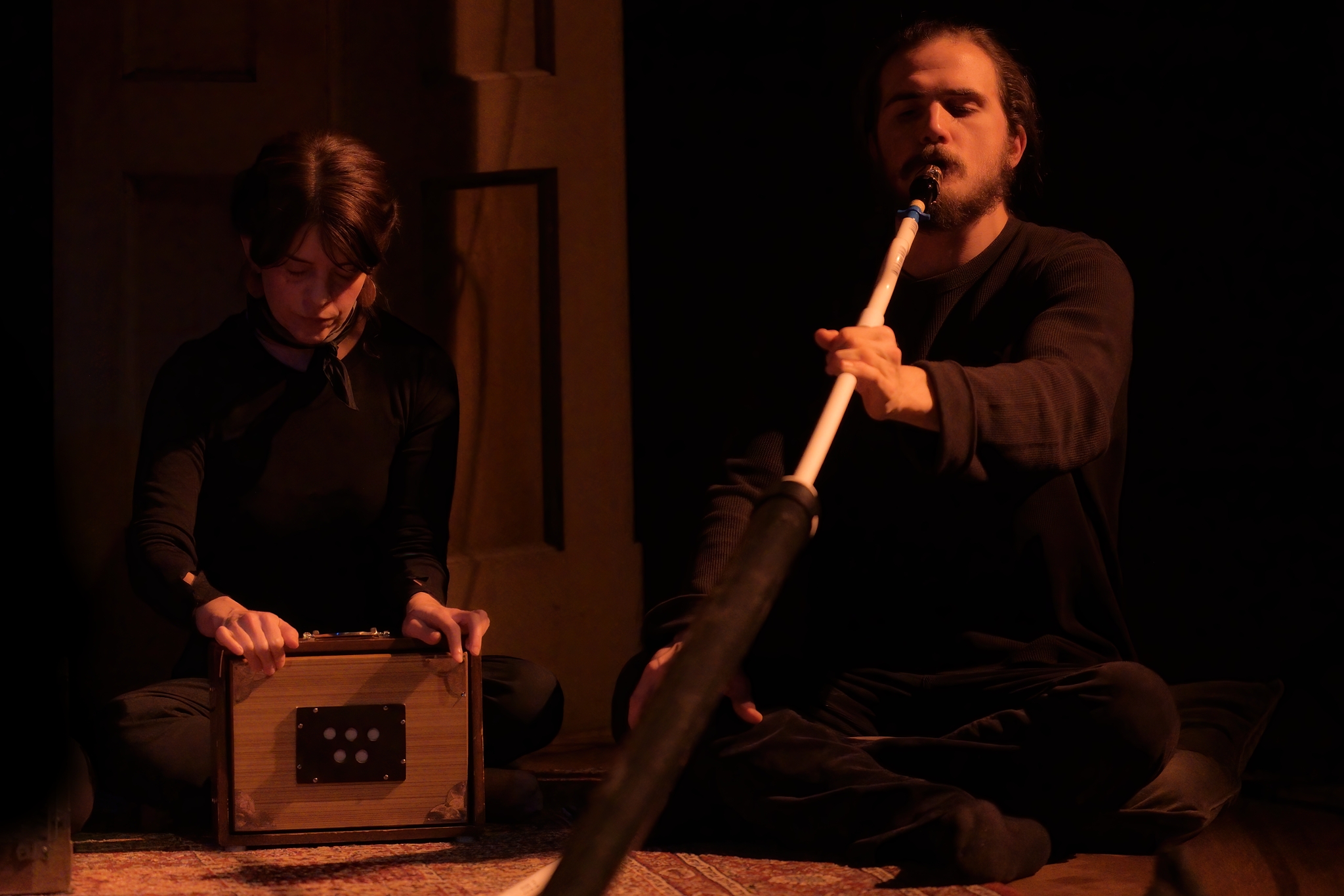 Shruti box and reed horn players