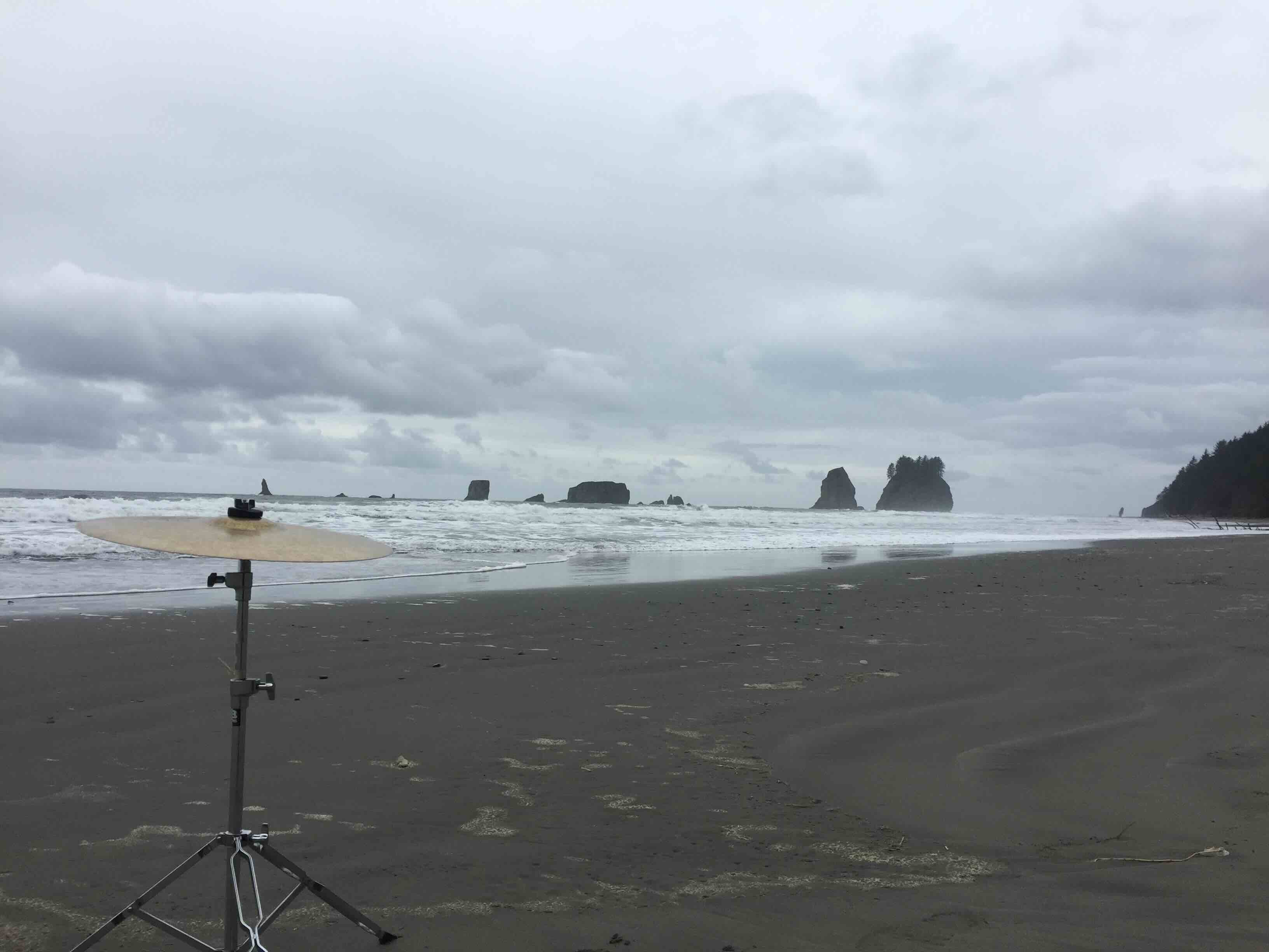 Cymbal on a beach facing the ocean