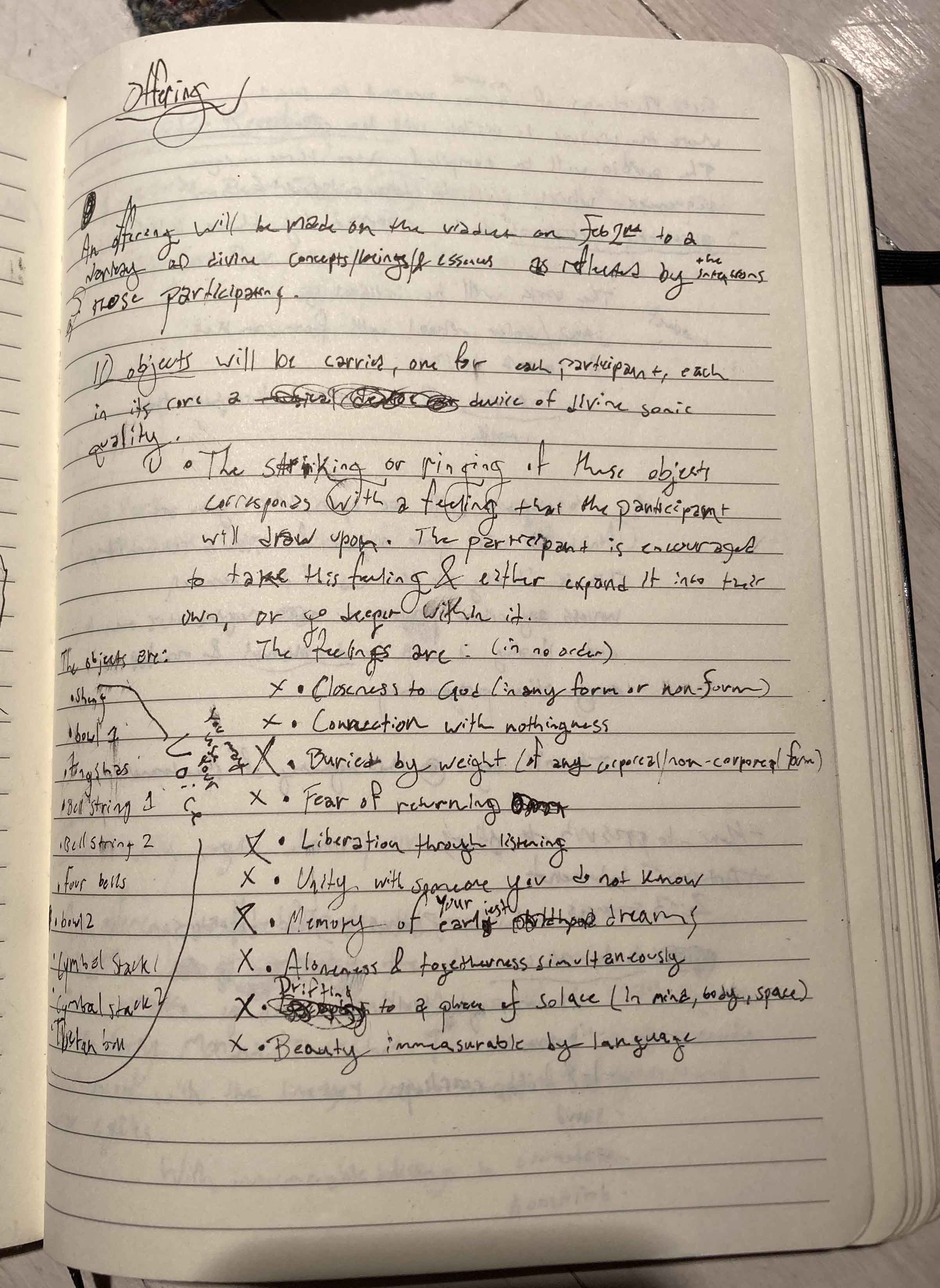 Notebook notes listing emotional prompts