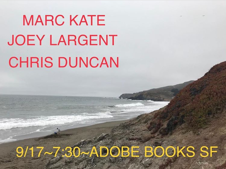 Concert poster for Marc Kate, Joey Largent, and Chris Duncan at Adobe Books, San Francisco