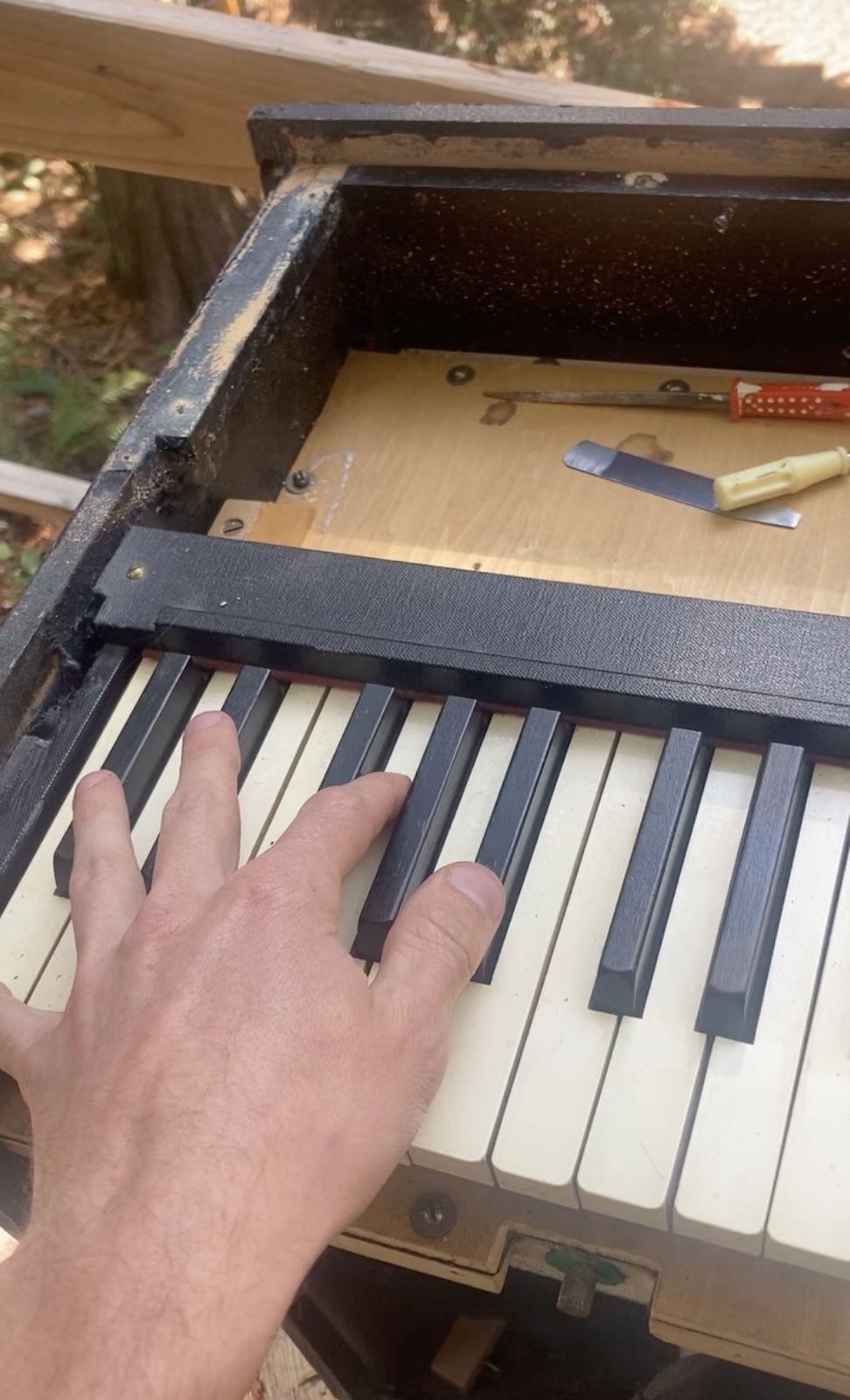 Hand resting on reed organ keys during outdoor tuning tests