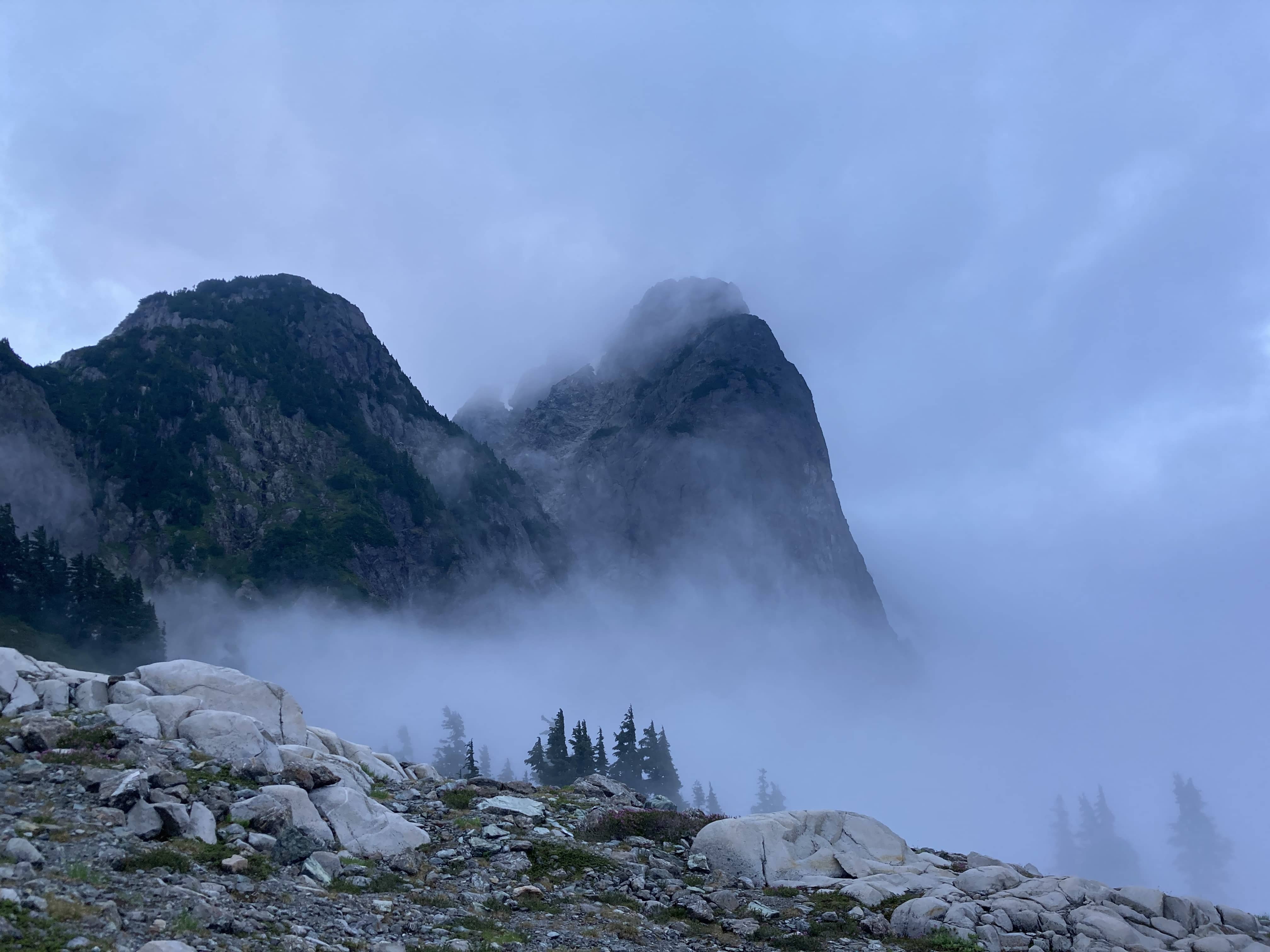 North Cascades mountains in fog